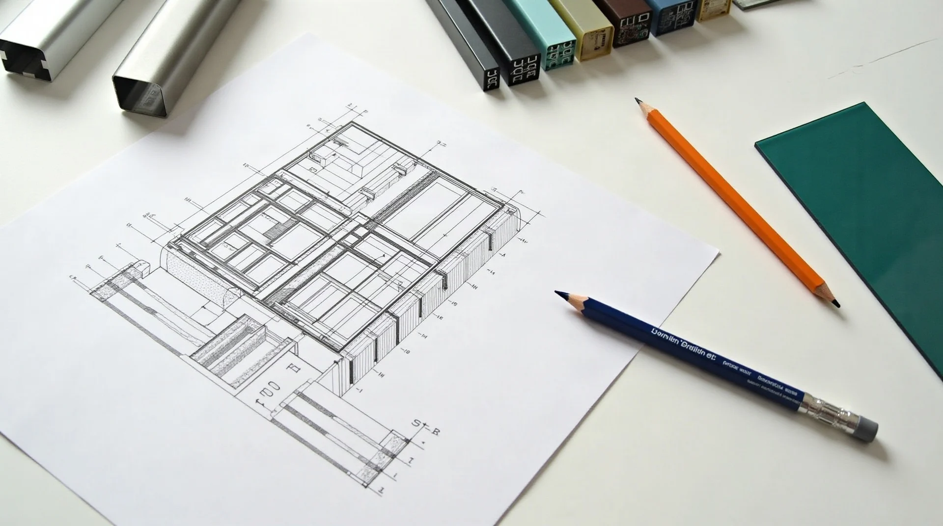 Plano de detalle de canceleria con muestras de perfil de aluminio y cristal