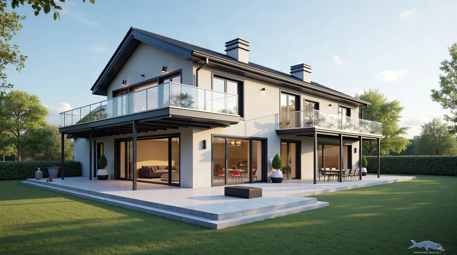 Residencia con ventanales, puerta de cristal, pergola y barandal de cristal