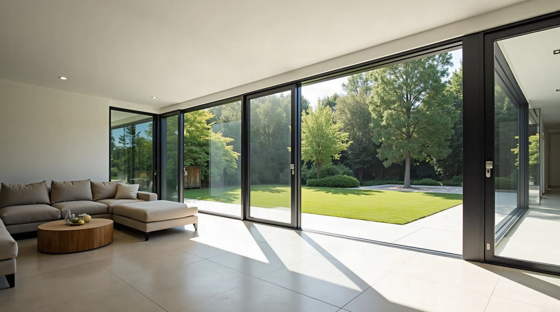 Sala con gran ventanal corredizo de aluminio abierto al jardin