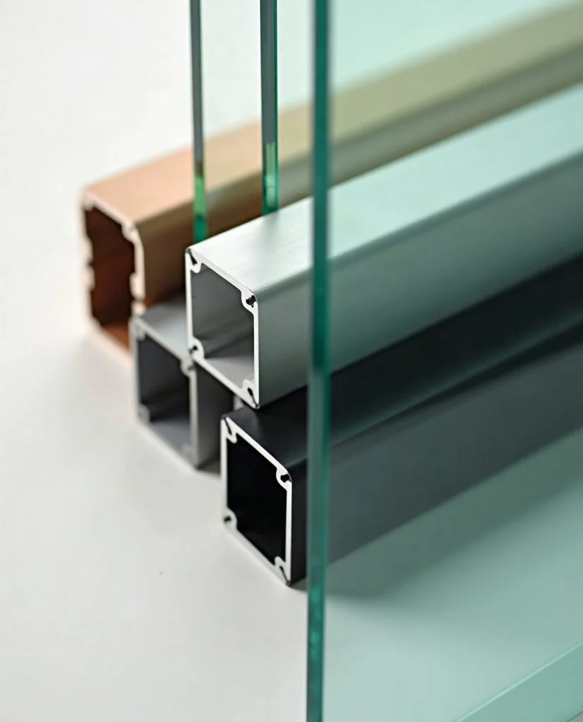Perfiles de aluminio en distintos acabados y muestras de cristal arquitectonico