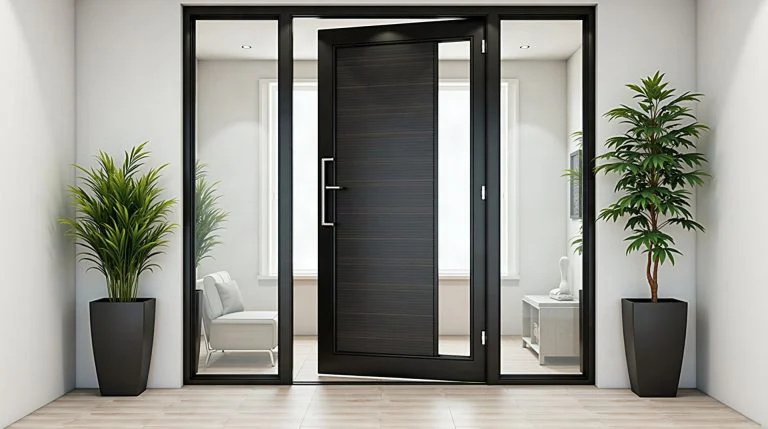 Puerta abatible de aluminio con cristal y jaladera vertical
