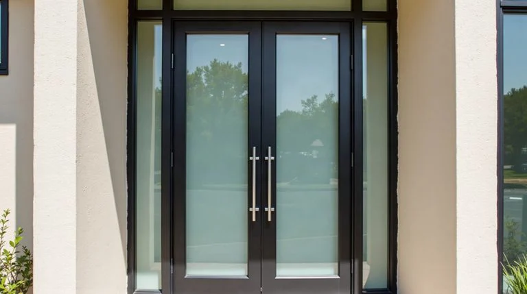 Puerta de aluminio de doble hoja con dos hojas simetricas de cristal