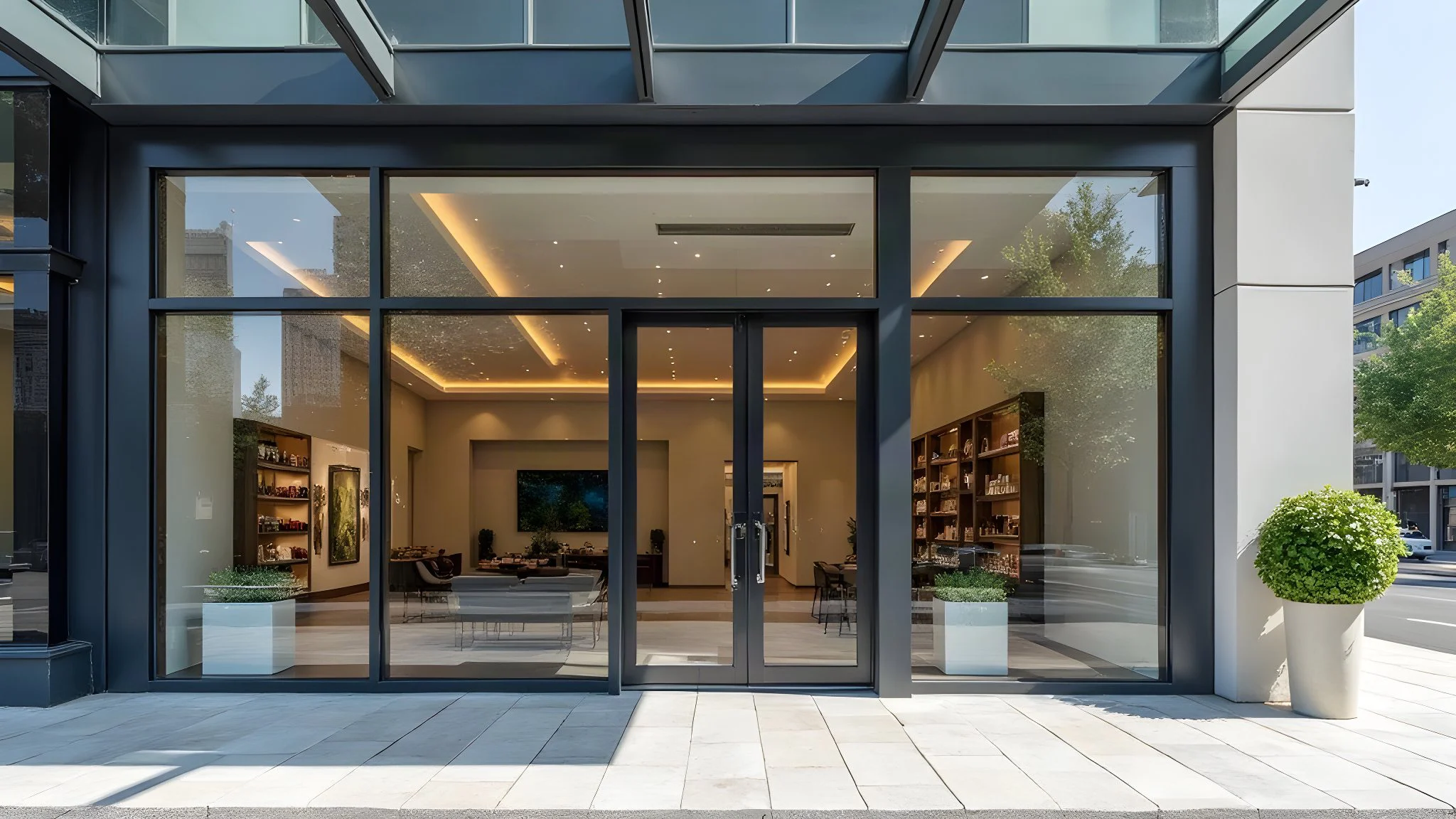 Fachada comercial de cristal templado con perfiles de aluminio