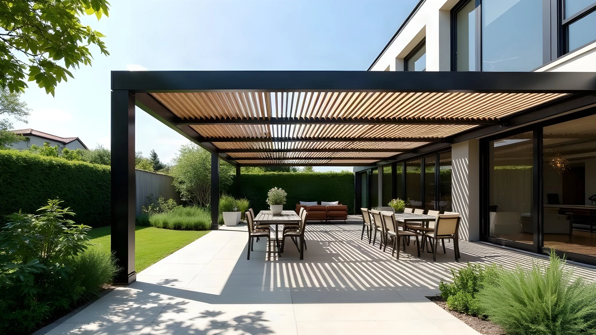 Pergola de aluminio con celosia sobre terraza