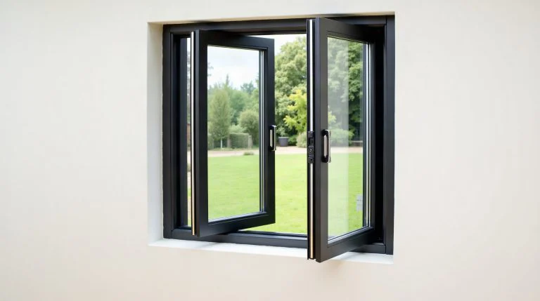 Ventana abatible de aluminio con hoja girando sobre bisagras laterales