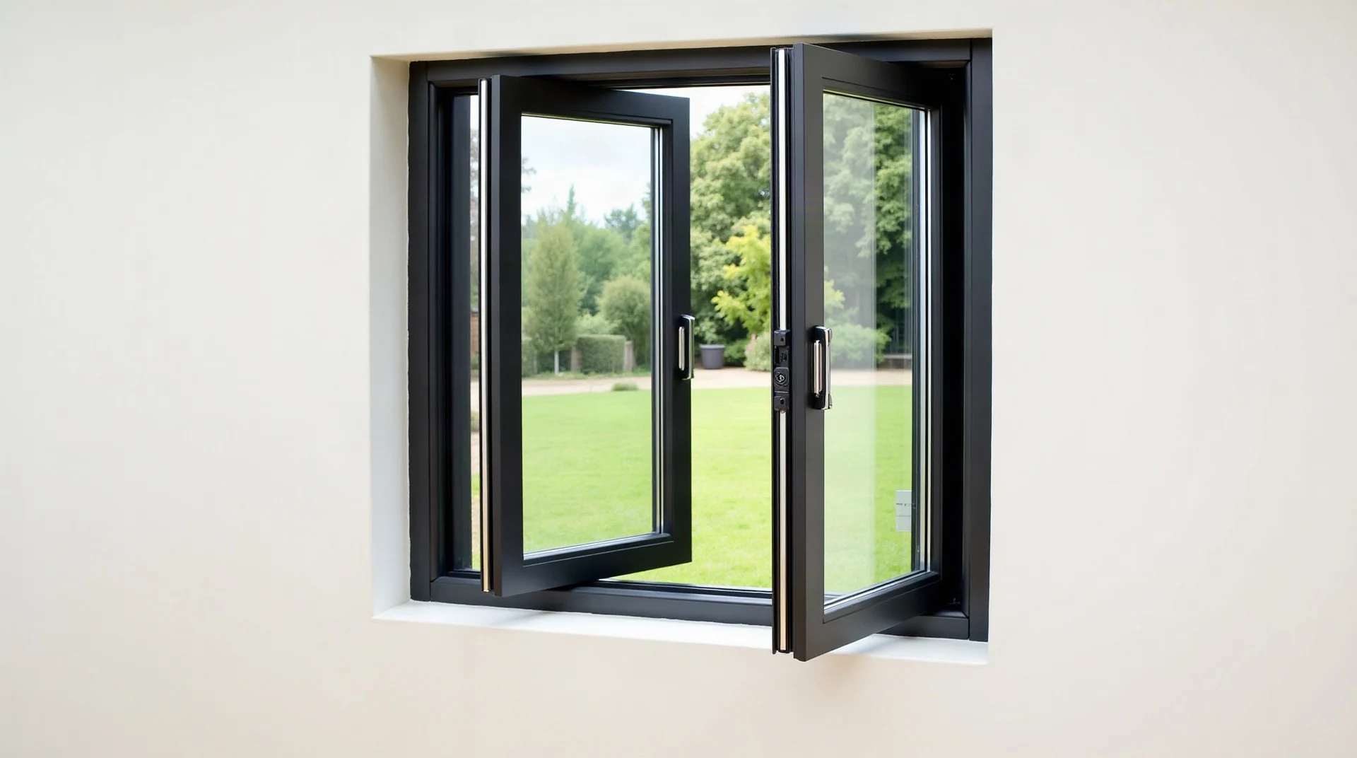 Ventana abatible de aluminio con hoja girando sobre bisagras laterales