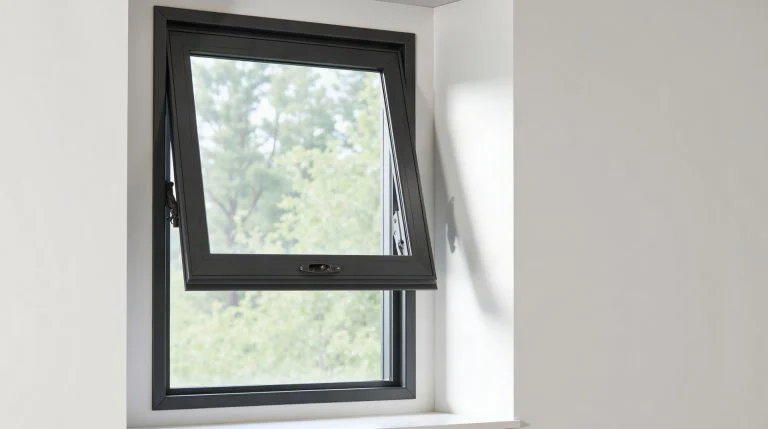 Ventana proyectante de aluminio abierta hacia afuera desde la parte inferior