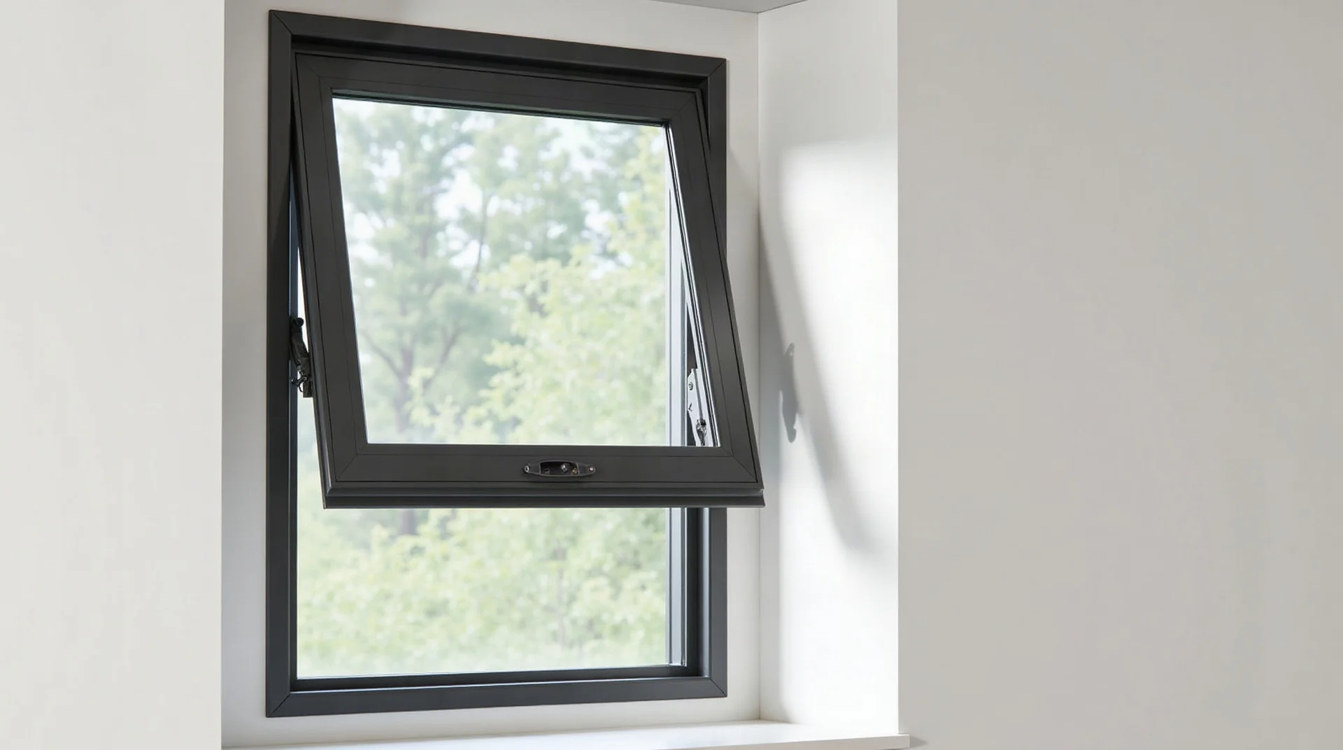 Ventana proyectante de aluminio abierta hacia afuera desde la parte inferior